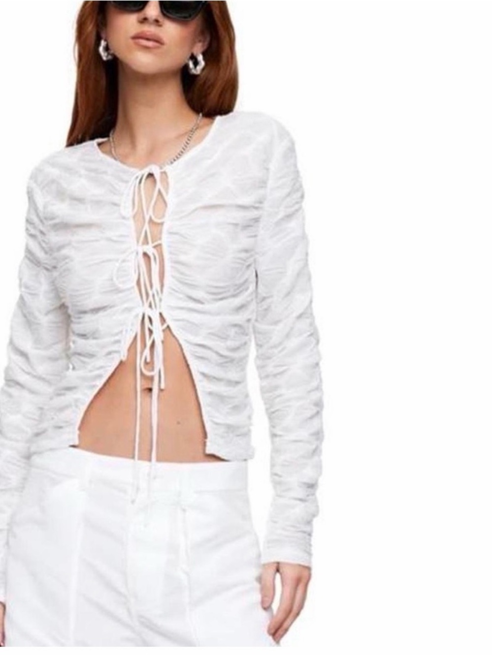 Lioness White Ruched Tie-Front Long Sleeve Crop Top